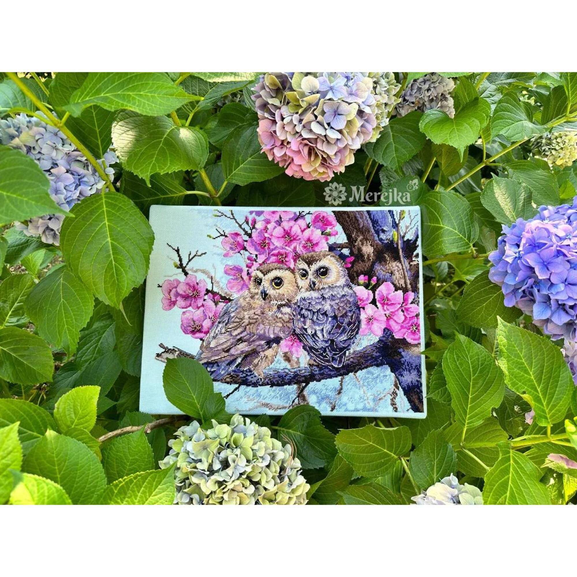 Merejka® Two Owls in Spring Blossom Counted Cross Stitch Kit